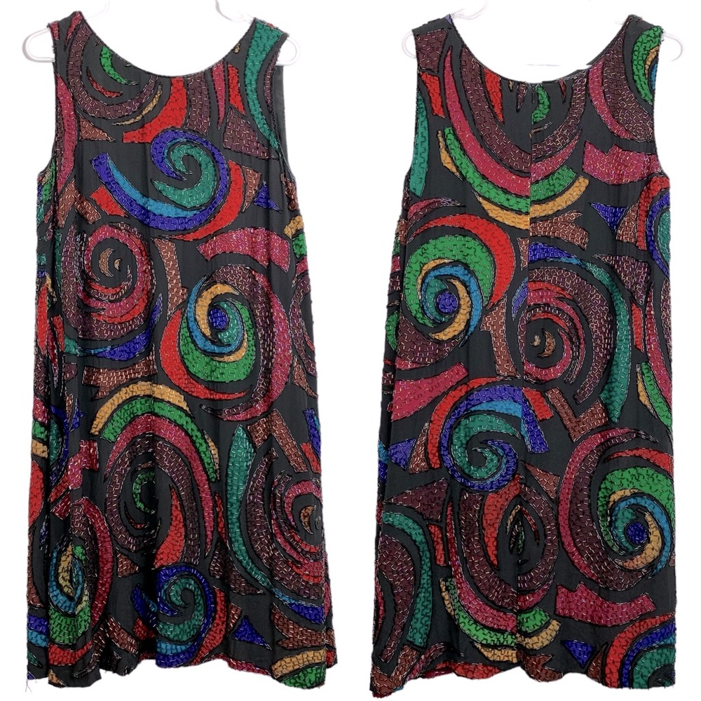 Vintage 80s Oleg Cassini Black Tie Colorful 100% Silk Beaded Shift Dress Size 12